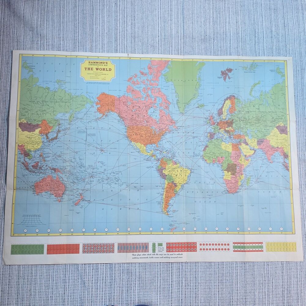 Vintage Map Hammonds Comprehensive Map of the World  WW2 (1942) RARE